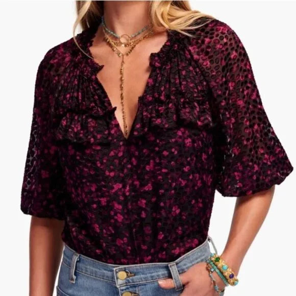 Ramy Brook Sara V-Neck Velvet Textured Top in Plumberry