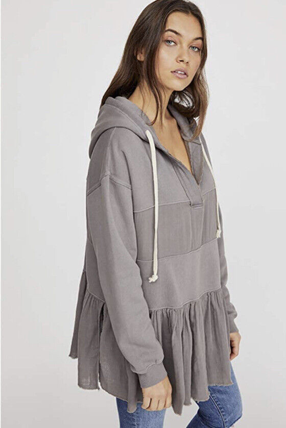 Free People Sail Away Gray Gauze Tiered Hooded Tunic