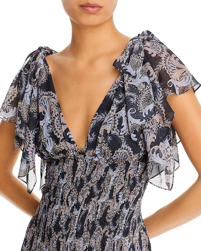 Cinq à Sept Kris Chiffon Dress in Raven Paisley Navy Blue Chiffon Smocked Maxi