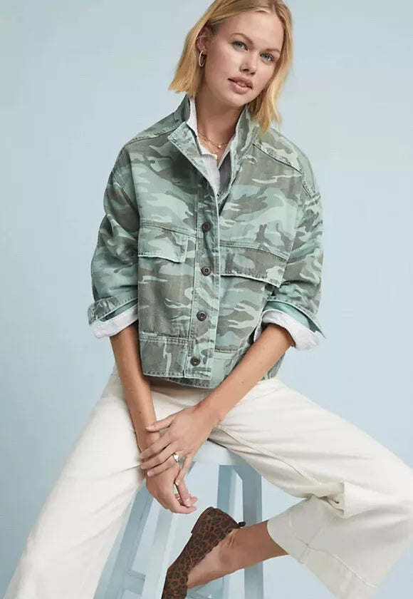 Anthropologie Amo Army Patch Green Camo Jacket (M)