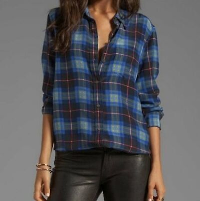 Equipment Standard Silk Blue Plaid Top (S)