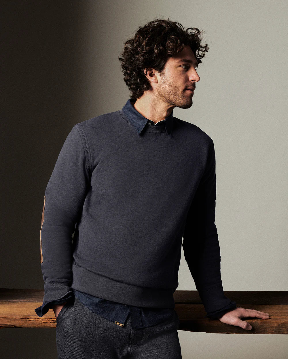 Billy Reid Dover Sweatshirt with Leather Elbow Patches in Dark Midnight (men's L)
