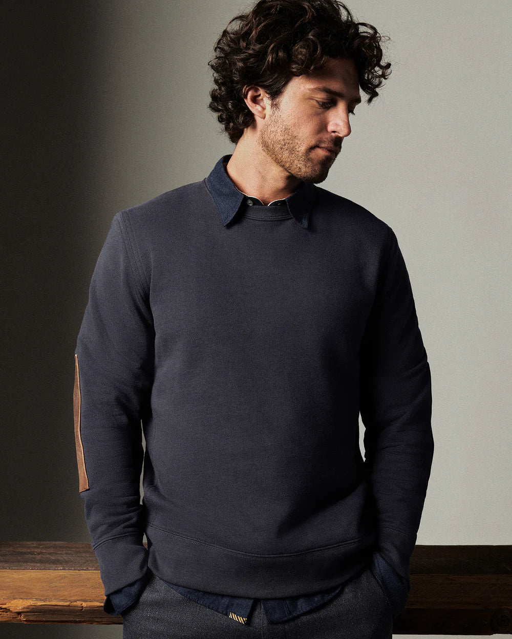 Billy Reid Dover Sweatshirt with Leather Elbow Patches in Dark Midnight (men's L)