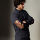 Billy Reid Dover Sweatshirt with Leather Elbow Patches in Dark Midnight (men's L)