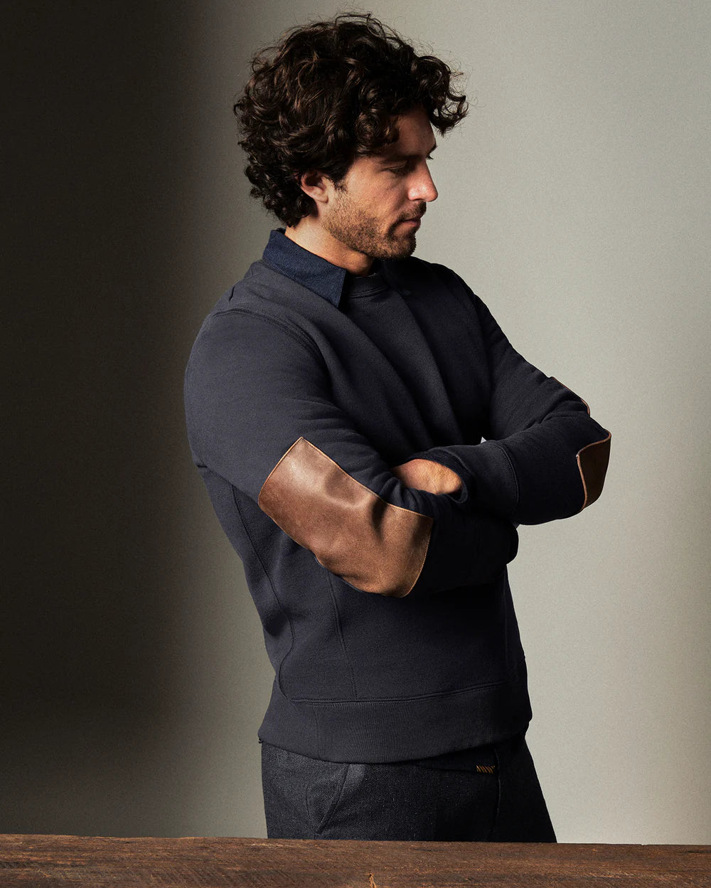 Billy Reid Dover Sweatshirt with Leather Elbow Patches in Dark Midnight (men's L)