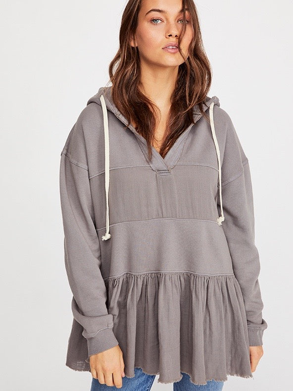 Free People Sail Away Gray Gauze Tiered Hooded Tunic