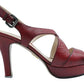 Prada Dark Red and Black Textured Leather Peep Toe Strappy Platform Heels (38.5 or 8.5)