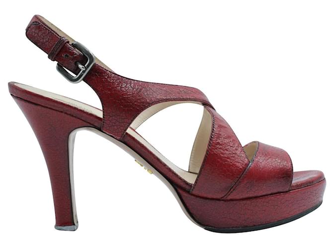 Prada Dark Red and Black Textured Leather Peep Toe Strappy Platform Heels (38.5 or 8.5)