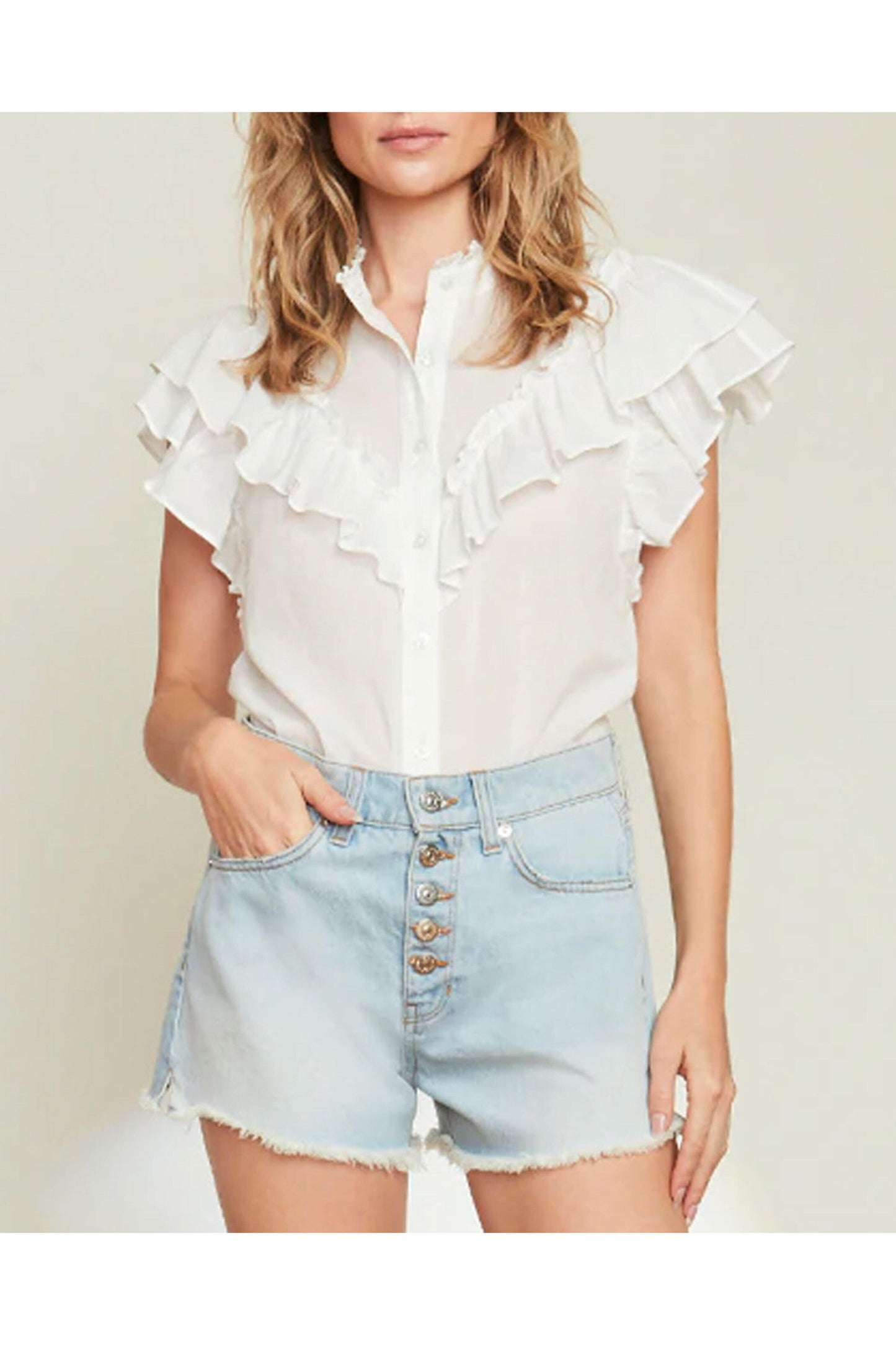 Veronica Beard Jaliyah White Cotton Button Down Ruffle Top (S)