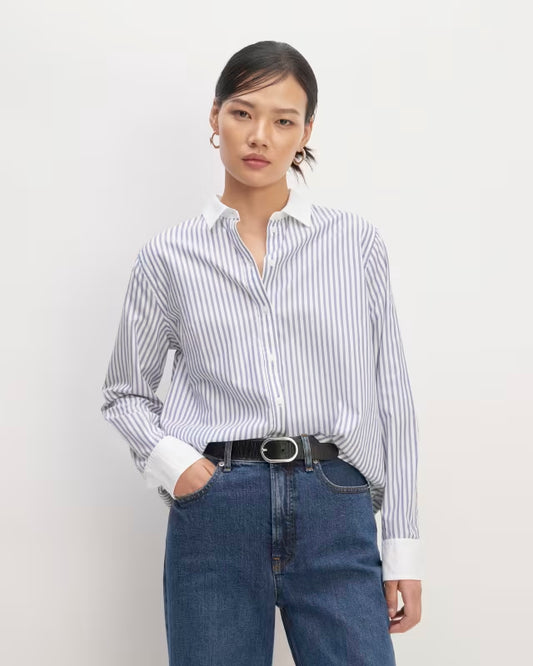 Everlane Must-Have Silky Cotton Mariner Blue and White Stripe Button Down Top (16)