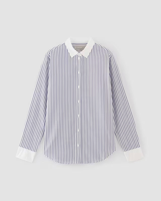 Everlane Must-Have Silky Cotton Mariner Blue and White Stripe Button Down Top (16)