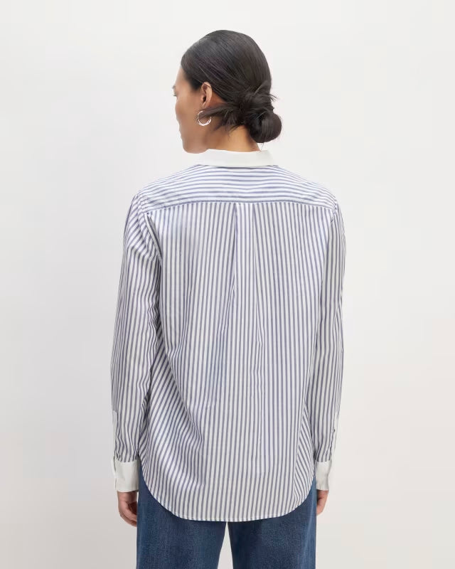 Everlane Must-Have Silky Cotton Mariner Blue and White Stripe Button Down Top (16)