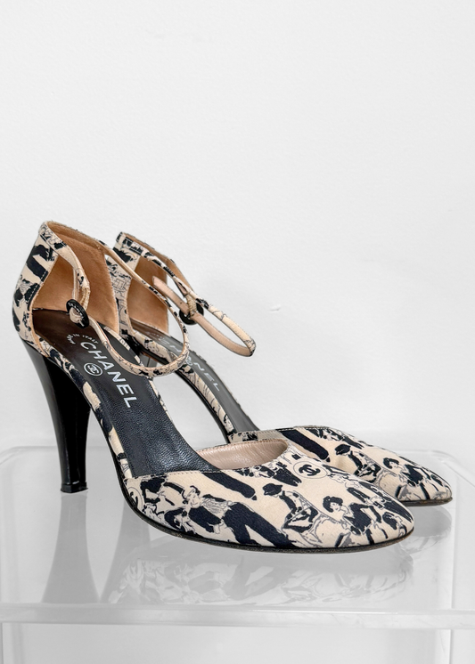 *Rare!* Vintage 2003 Chanel Black Cream D'orsay Print Round Toe Ankle Strap Heels (39)