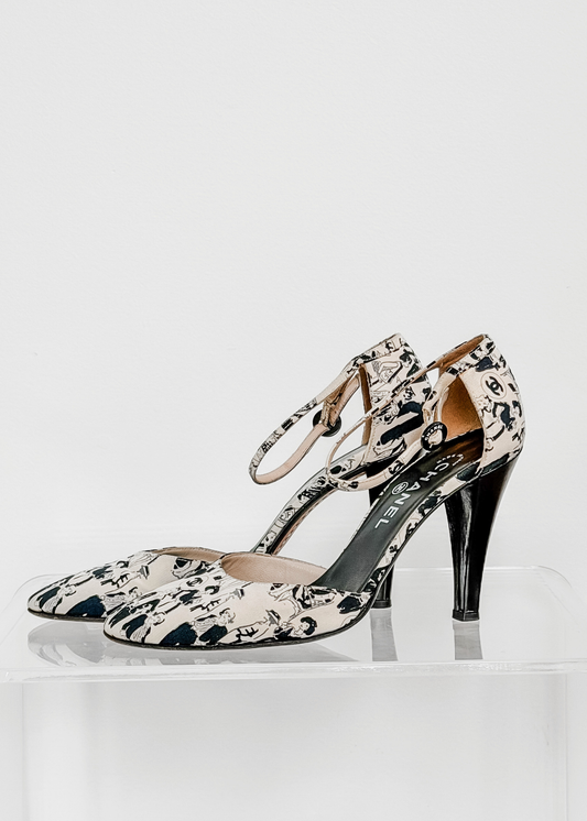 *Rare!* Vintage 2003 Chanel Black Cream D'orsay Print Round Toe Ankle Strap Heels (39)
