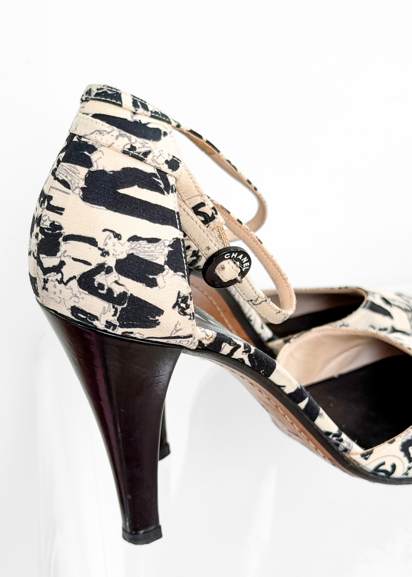 *Rare!* Vintage 2003 Chanel Black Cream D'orsay Print Round Toe Ankle Strap Heels (39)