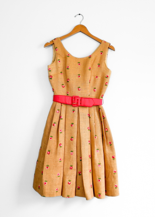 Vintage 1950s Burlap Rose Embroidered Garden Party Belted Dress