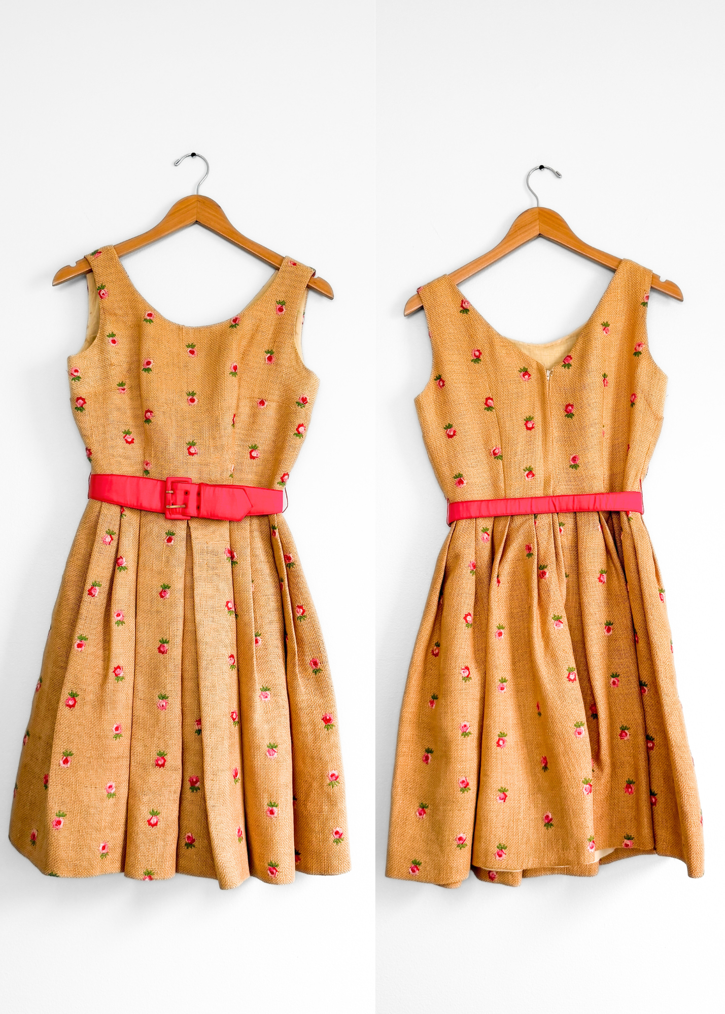 Vintage 1950s Burlap Rose Embroidered Garden Party Belted Dress