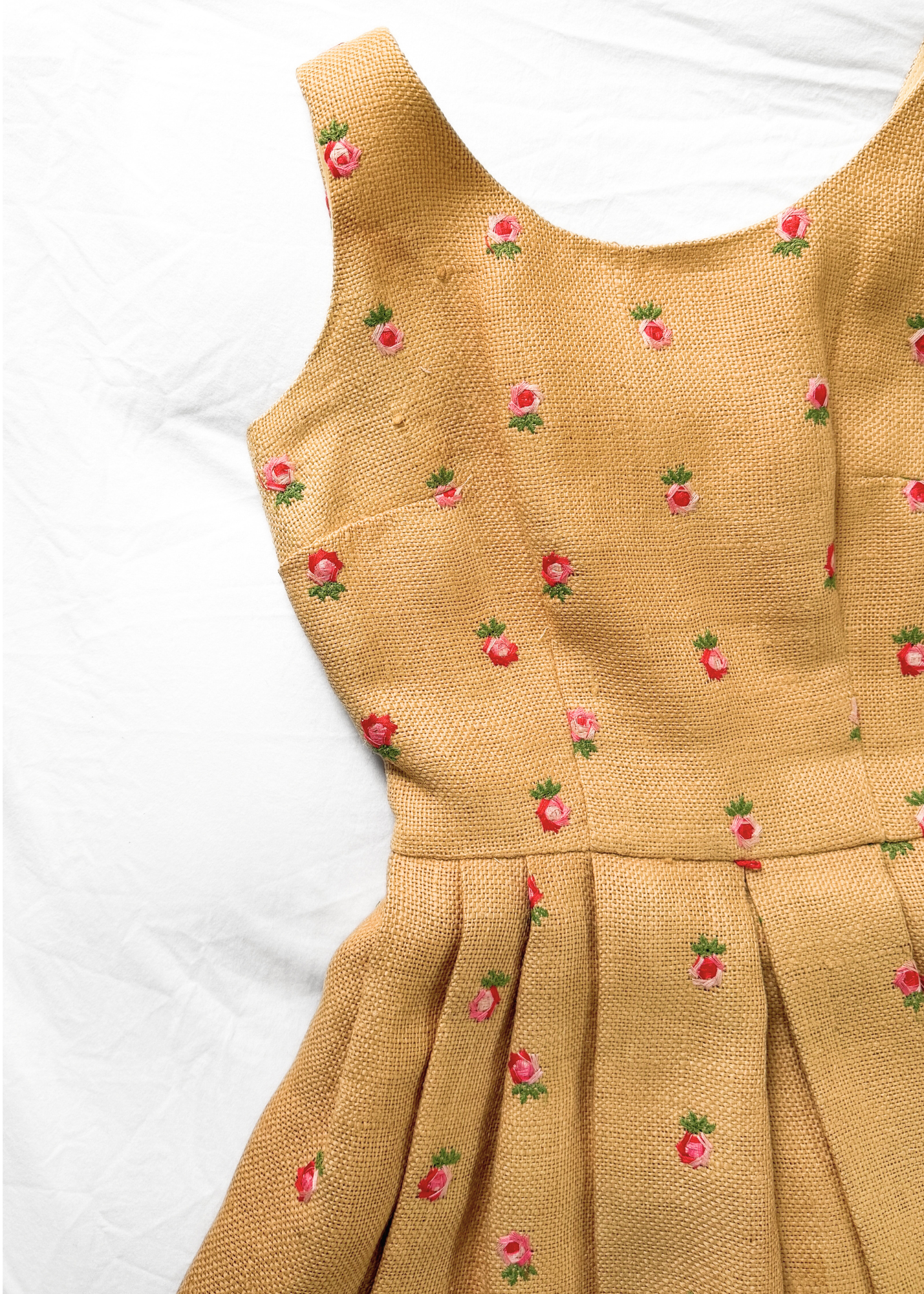 Vintage 1950s Burlap Rose Embroidered Garden Party Belted Dress