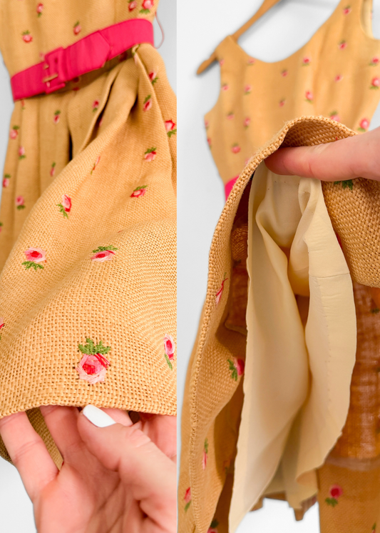 Vintage 1950s Burlap Rose Embroidered Garden Party Belted Dress