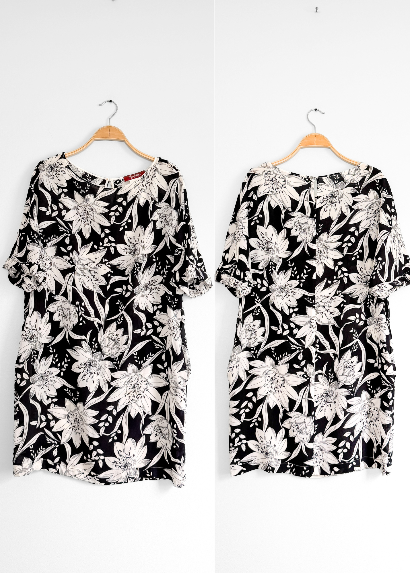 Max Mara Studio Black White Silk Floral Shift Dress (US 12)