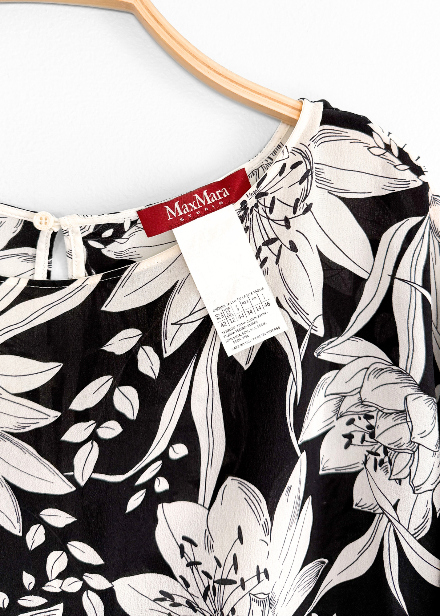 Max Mara Studio Black White Silk Floral Shift Dress (US 12)