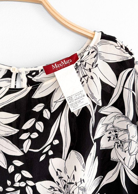 Max Mara Studio Black White Silk Floral Shift Dress (US 12)