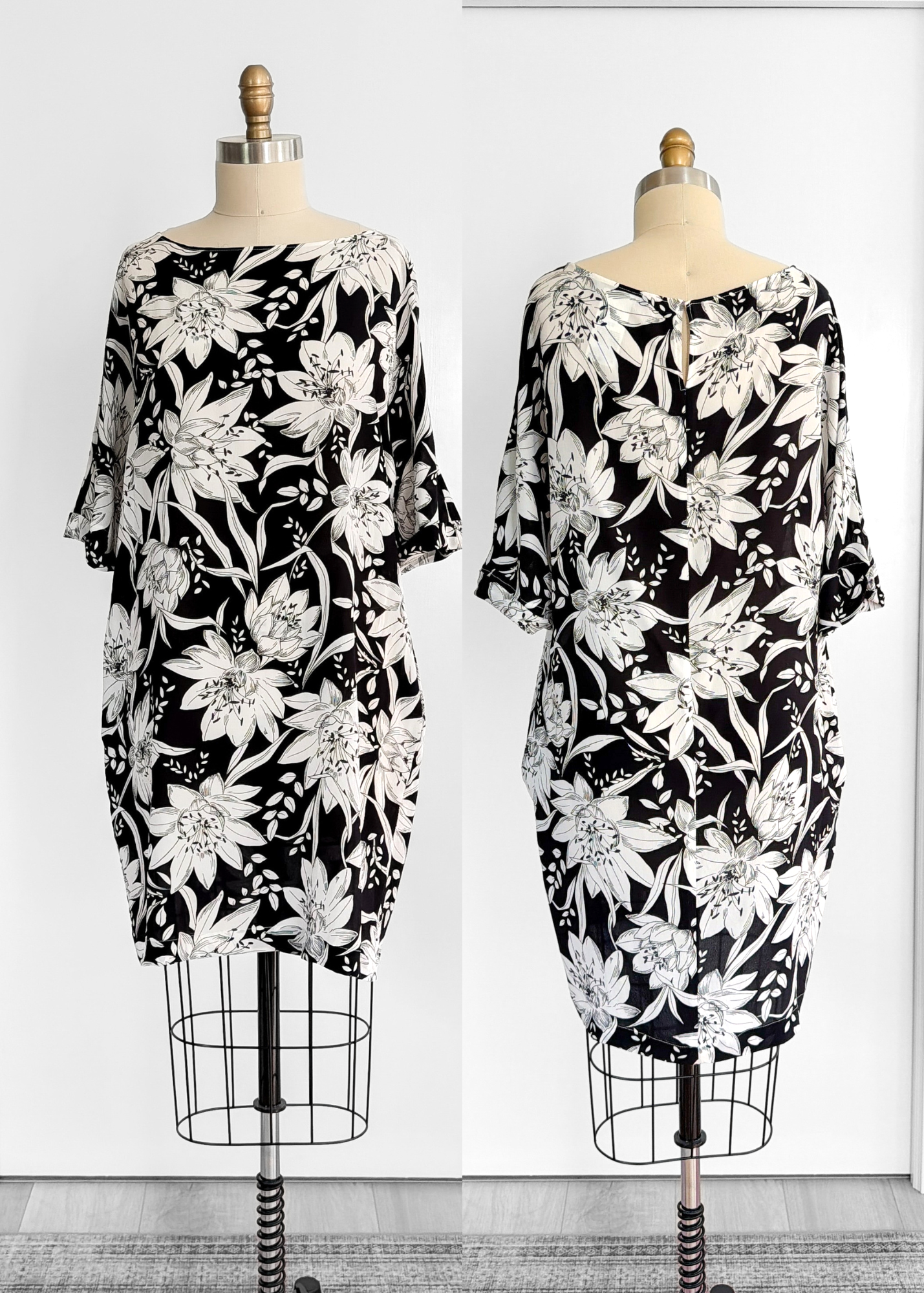 Max Mara Studio Black White Silk Floral Shift Dress (US 12)