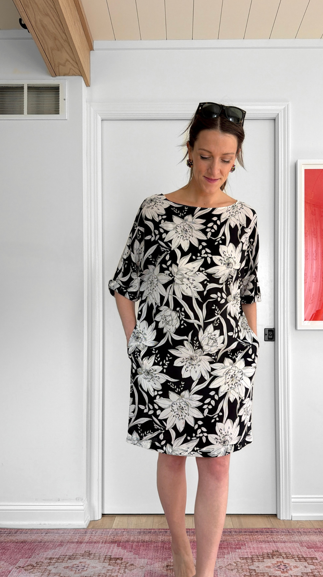 Max Mara Studio Black White Silk Floral Shift Dress (US 12)