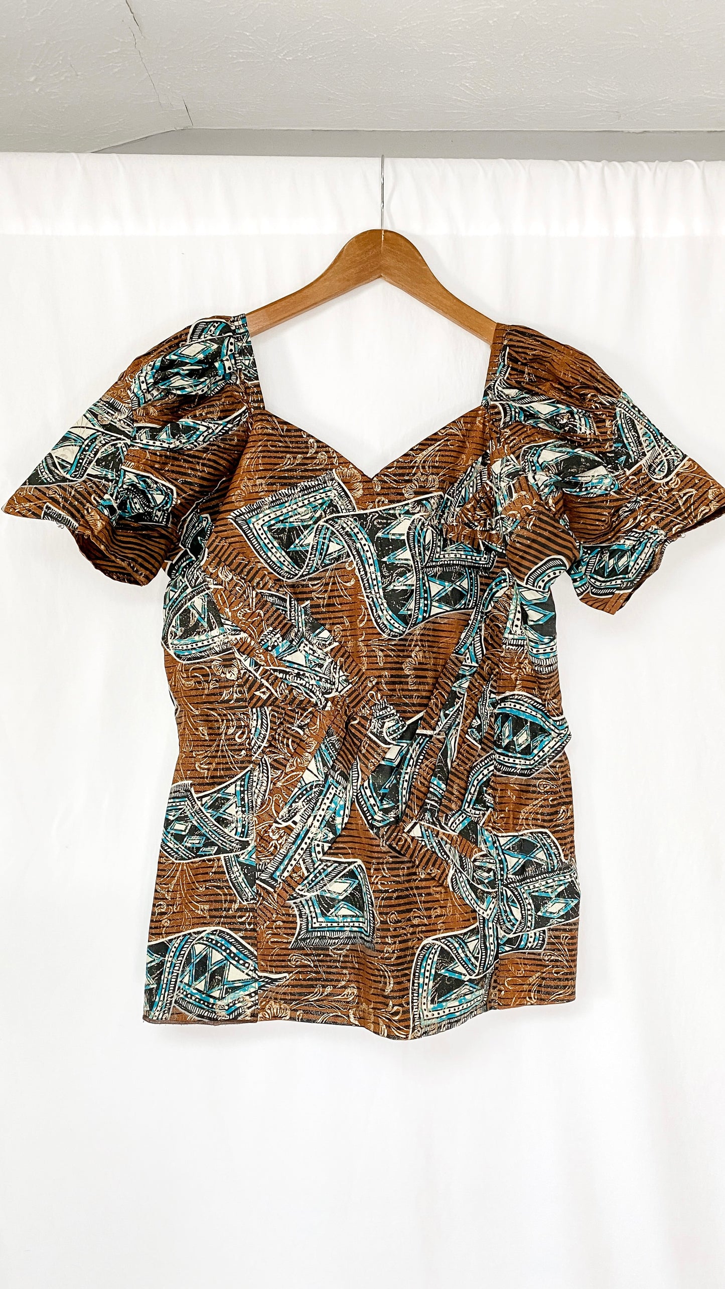 Brown Turquoise & Gold Pleat & Tucked Top (8/10)