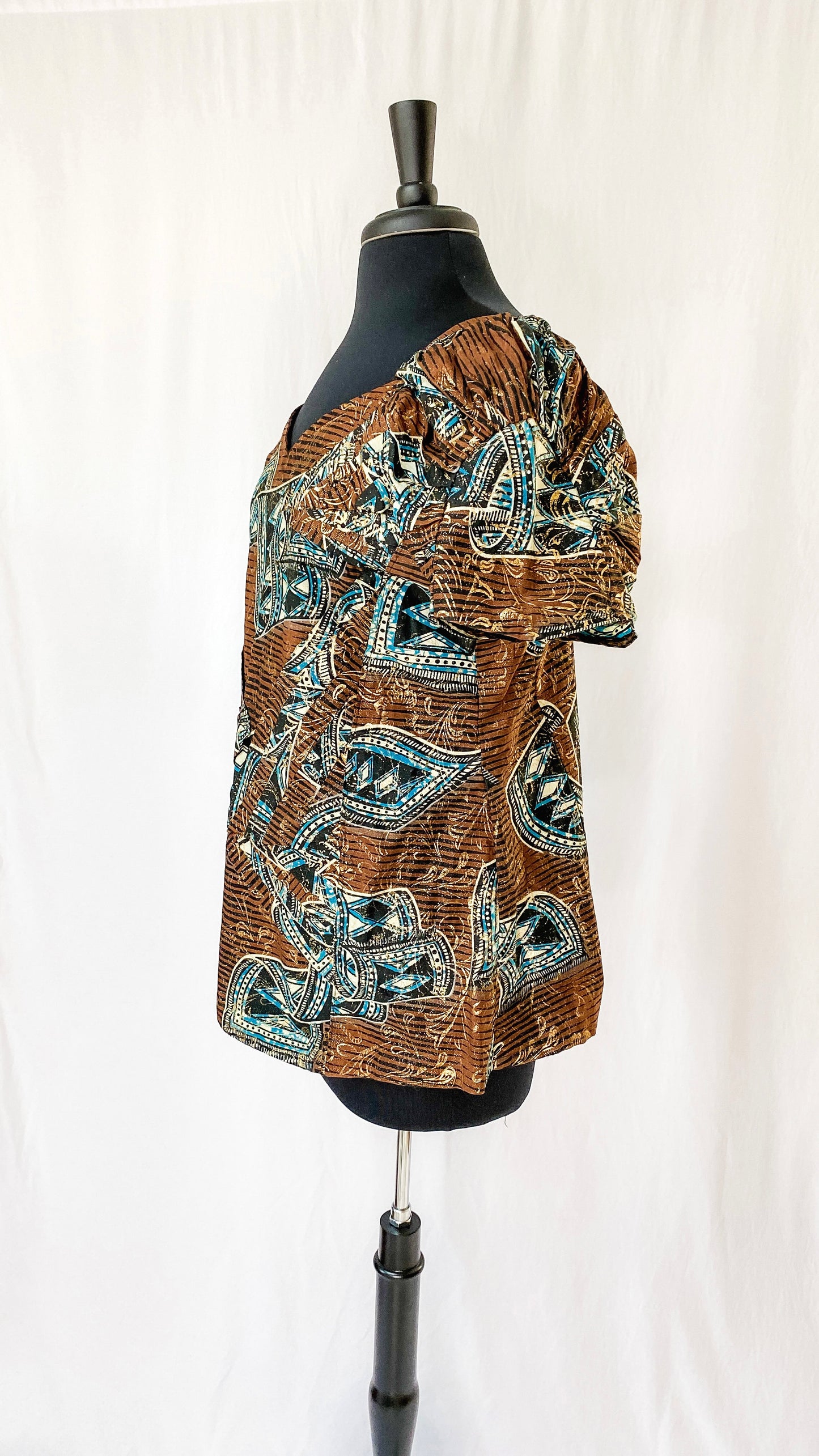 Brown Turquoise & Gold Pleat & Tucked Top (8/10)