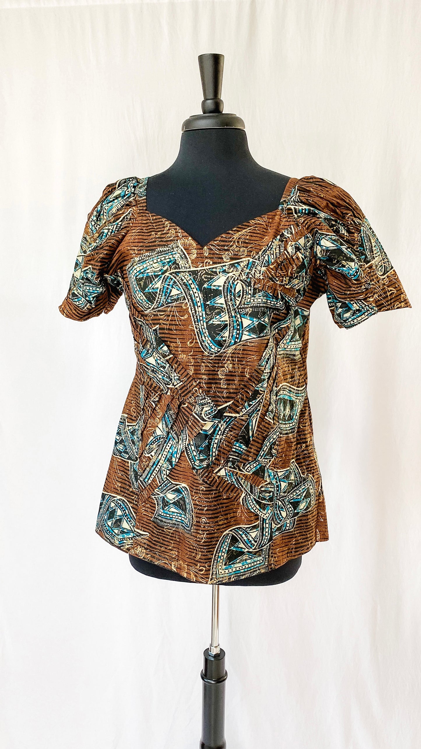 Brown Turquoise & Gold Pleat & Tucked Top (8/10)