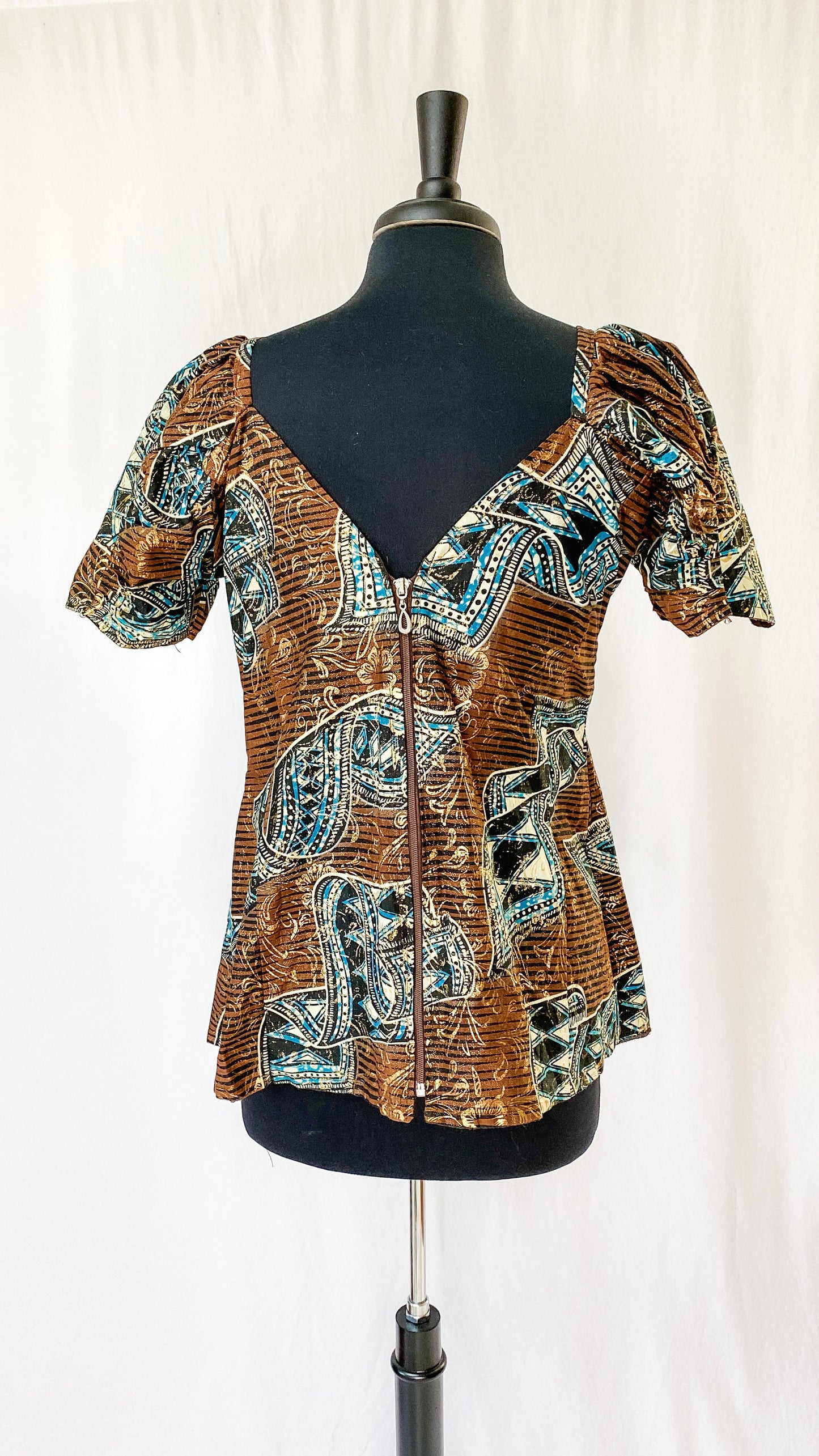 Brown Turquoise & Gold Pleat & Tucked Top (8/10)