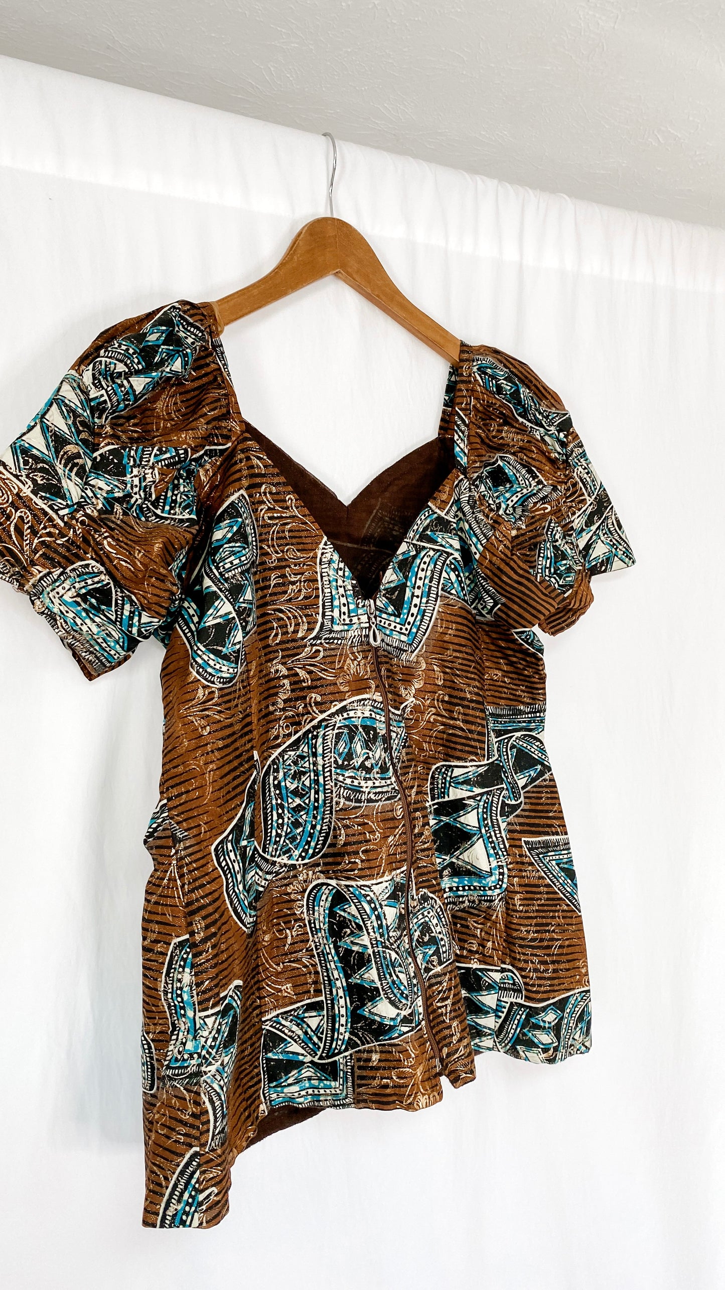 Brown Turquoise & Gold Pleat & Tucked Top (8/10)