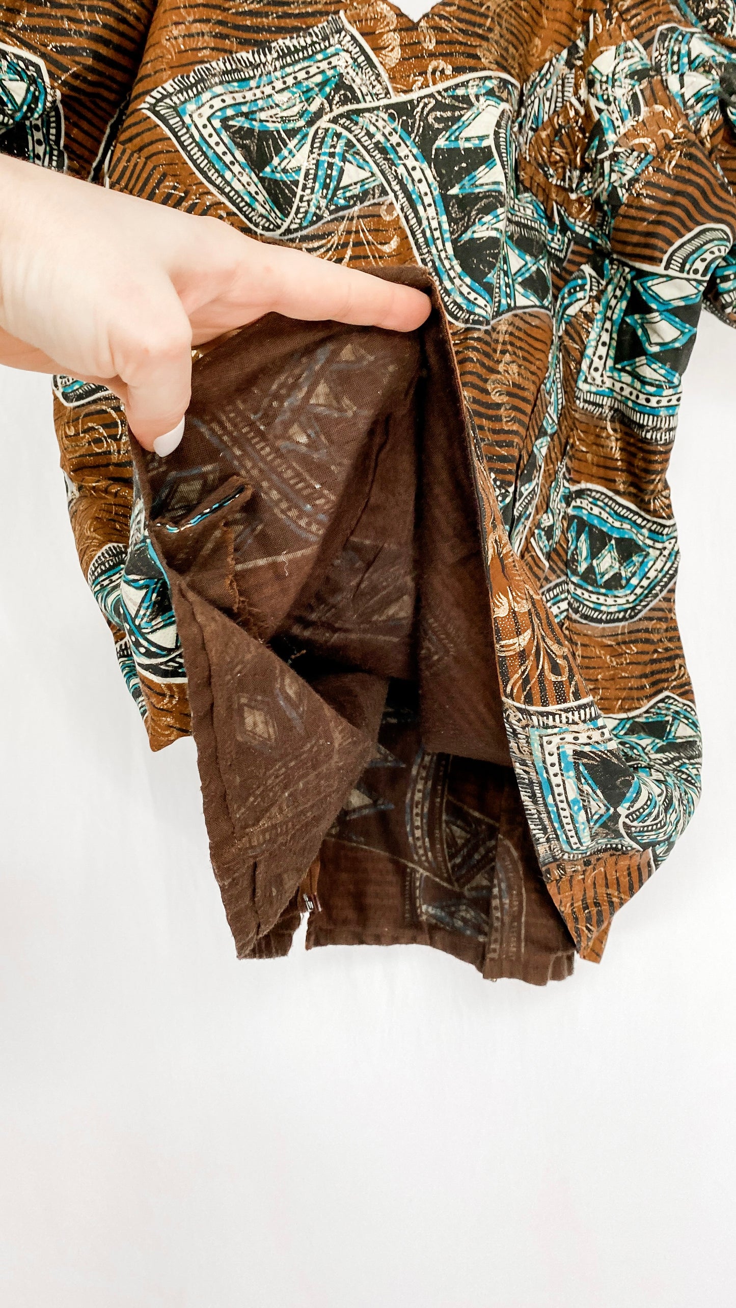 Brown Turquoise & Gold Pleat & Tucked Top (8/10)