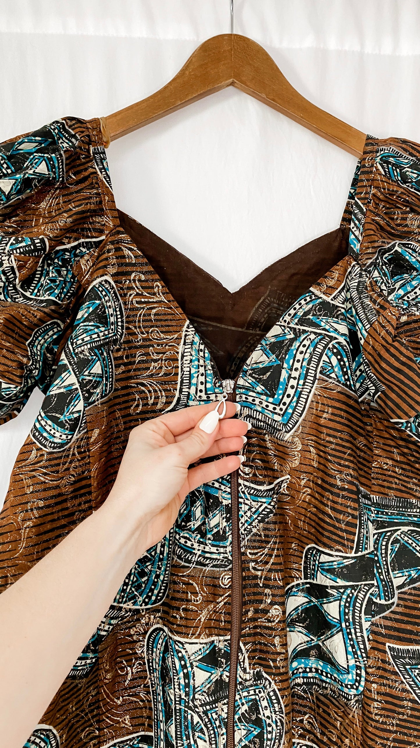 Brown Turquoise & Gold Pleat & Tucked Top (8/10)