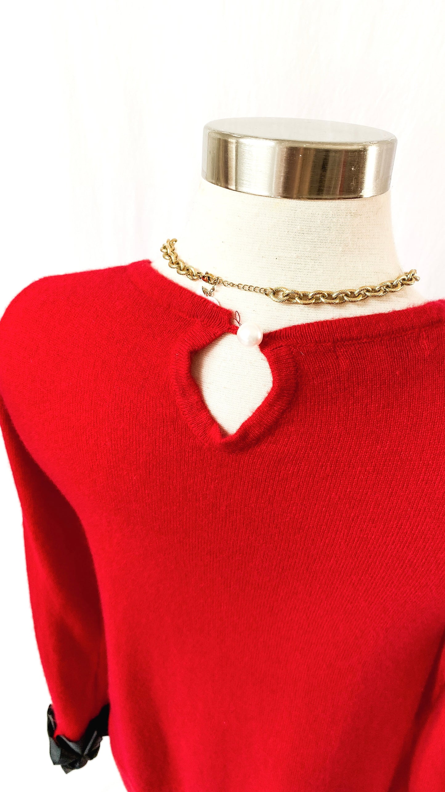 Cortland Park Red Cashmere Black Ribbon Cuff Knit Top (XS/S)