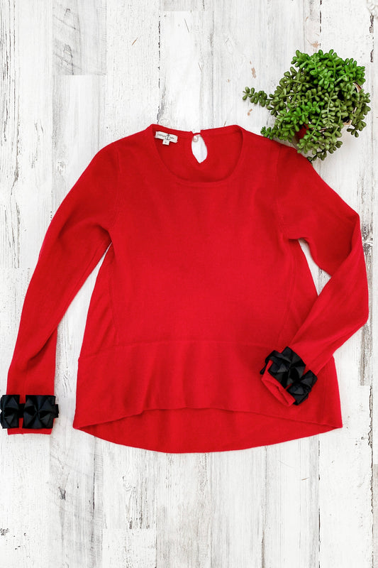 Cortland Park Red Cashmere Black Ribbon Cuff Knit Top (XS/S)